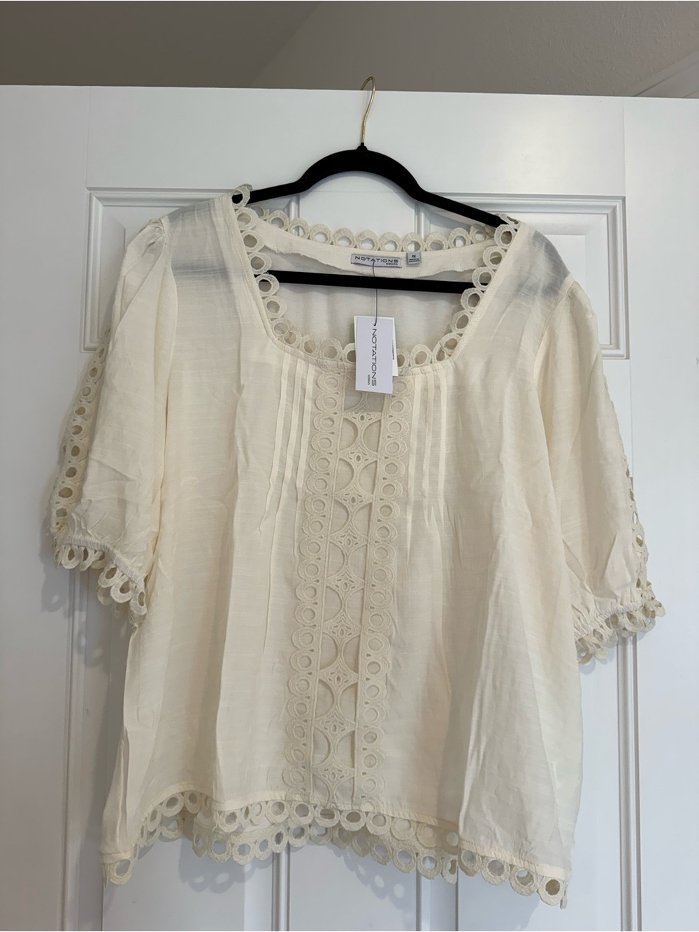 Notations Cream Crochet-Trim Peasant Blouse